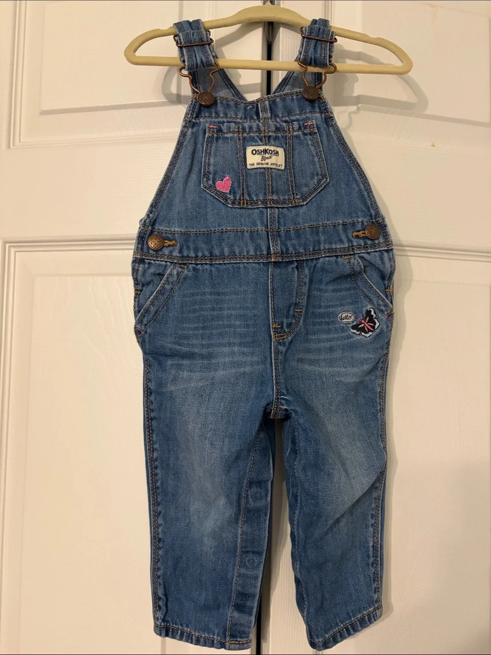 OshKosh Embroidered Denim Overalls with Pink Heart and Butterfly Size 12 Months